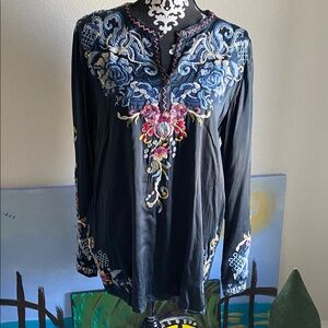 Johnny Was Black Top with Blue and Pink Floral Embroidery